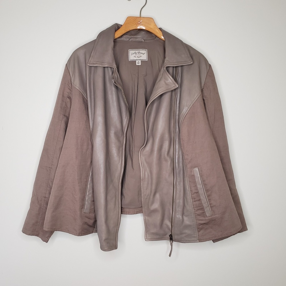 Lucky Brand Lamb Leather & Linen Moto Jacket Sz 3X Full Zip Boho Biker Coat - Picture 5 of 16